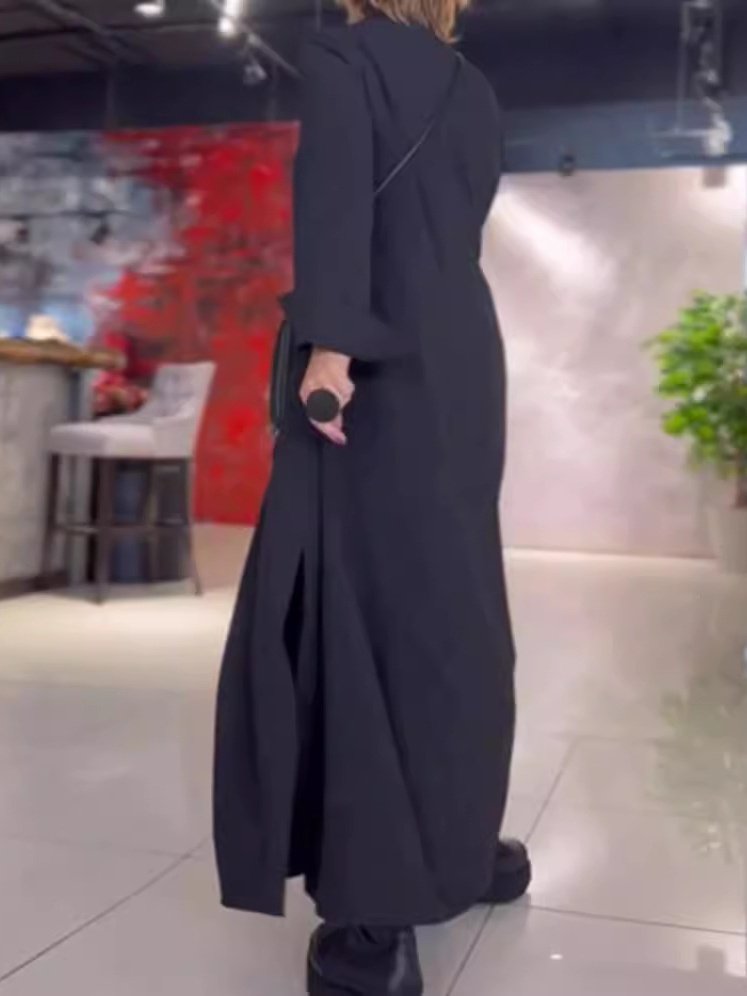 Women's Long Sleeve Spring/Fall Black Plain Split Joint V Neck Daily Going Out Vintage Maxi A-Line Shirt Dress Dress