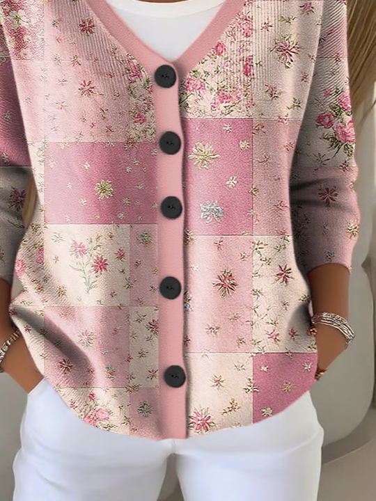 Women's Floral Print Casual V-Neck Button Long Sleeve Cardigan