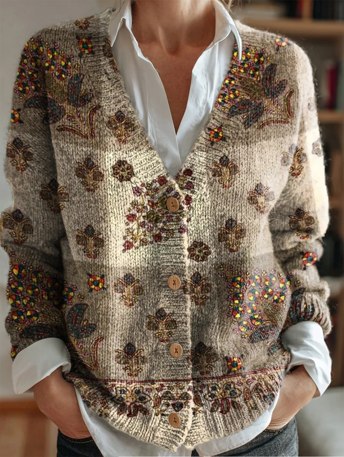 Women's Floral Pattern V-Neck Cardigan Casual Comfort Regular Sweater Jacket