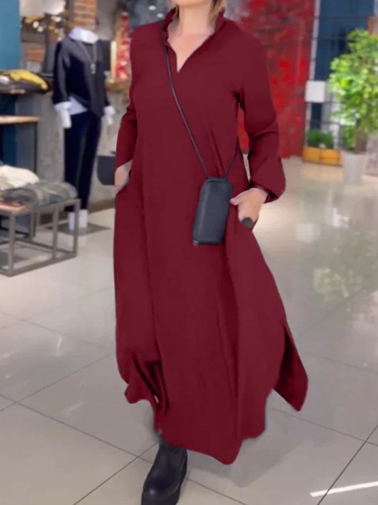 Women's Long Sleeve Spring/Fall Black Plain Split Joint V Neck Daily Going Out Vintage Maxi A-Line Shirt Dress Dress