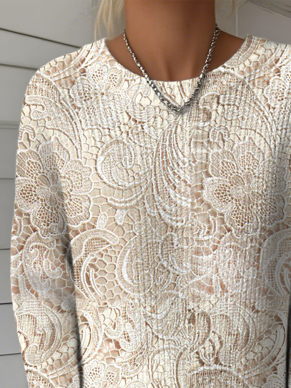 Women's Lace Pattern Crew Neck Sweater Casual Comfort Regular Pullover Sweatshirt