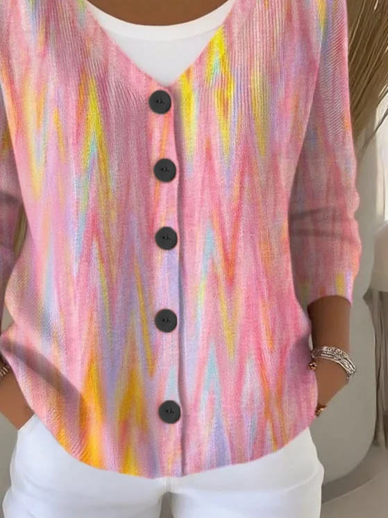Women's Abstract Print Casual V-Neck Button Long Sleeve Cardigan