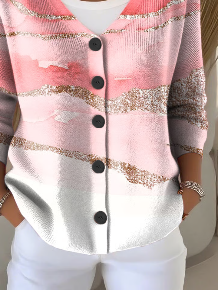 Women's Abstract Print Casual V-Neck Button Long Sleeve Cardigan
