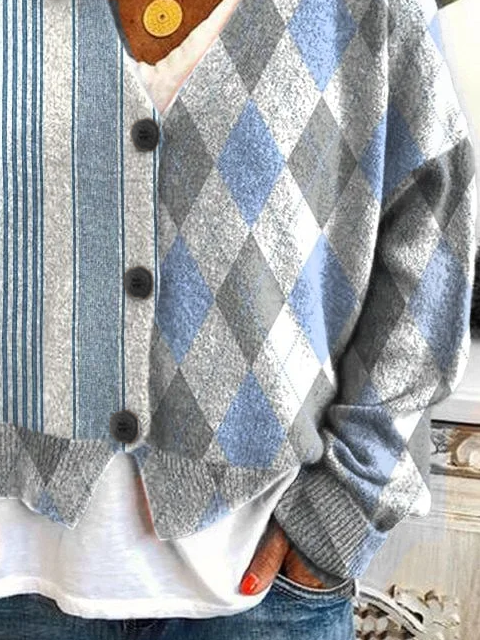 Women's Striped Geometric Print Casual V-Neck Button Long Sleeve Cardigan
