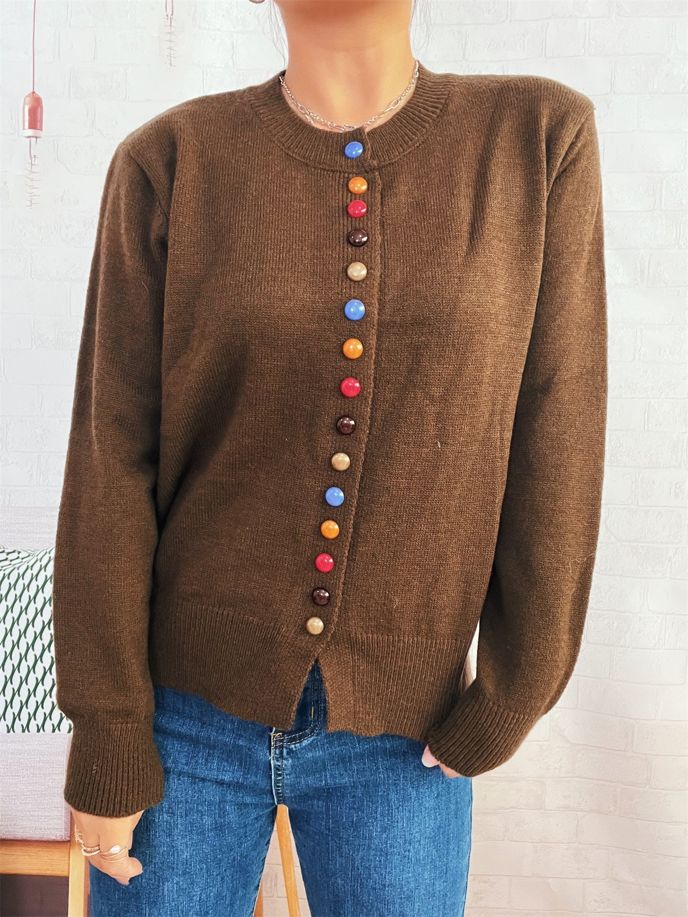Crew Neck Casual Cotton Cardigan