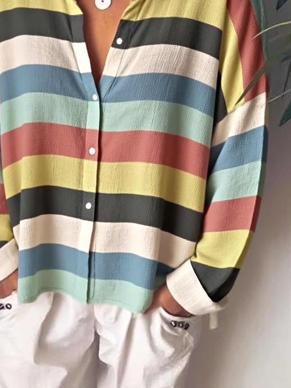 Women's Striped Colorblock Pattern Long-Sleeved Shirt Loose And Comfortable Regular Top