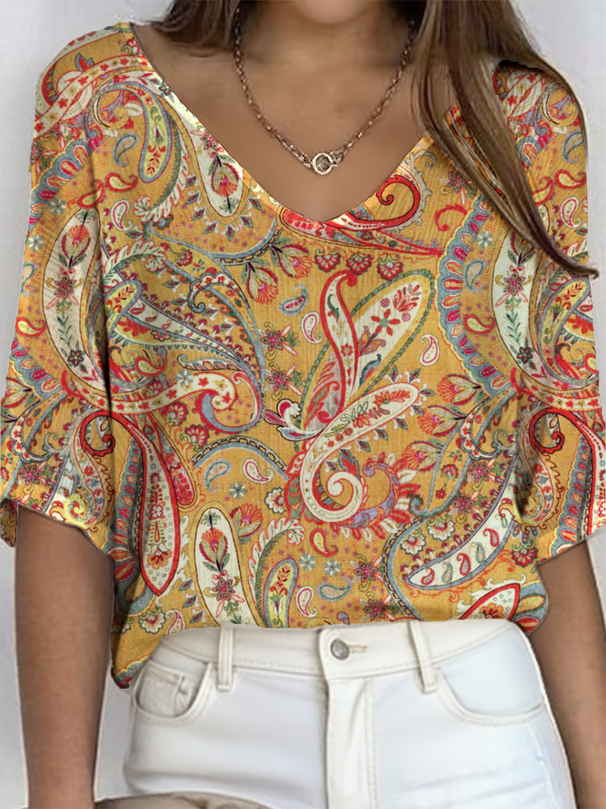 Women's Paisley Pattern V-Neck Three-Quarter Sleeve T-Shirt Loose and Comfortable Ribbed Top