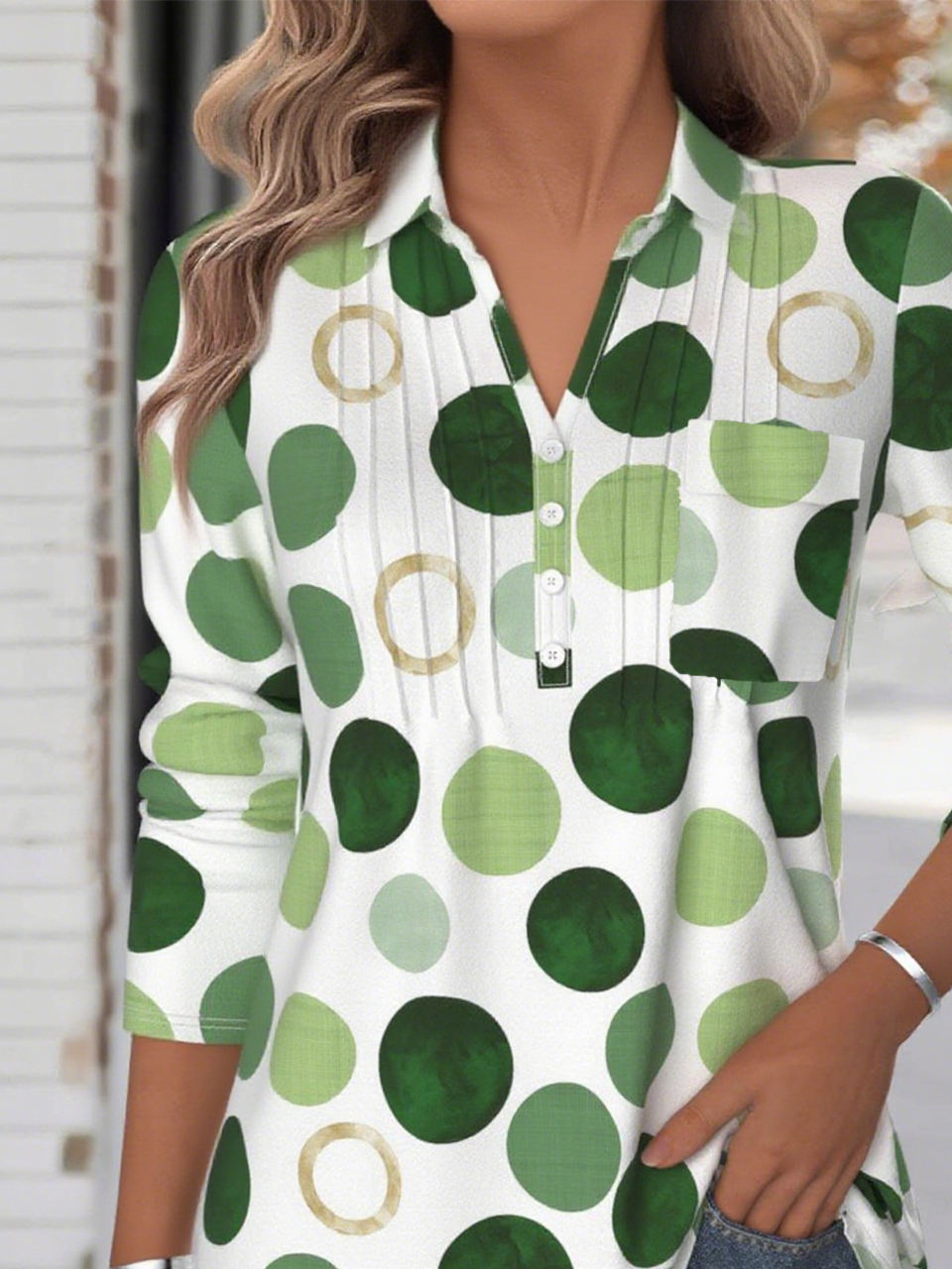 Women's Geometric Pattern Patch Pocket Long Sleeve Shirt Loose and Comfortable Regular Top