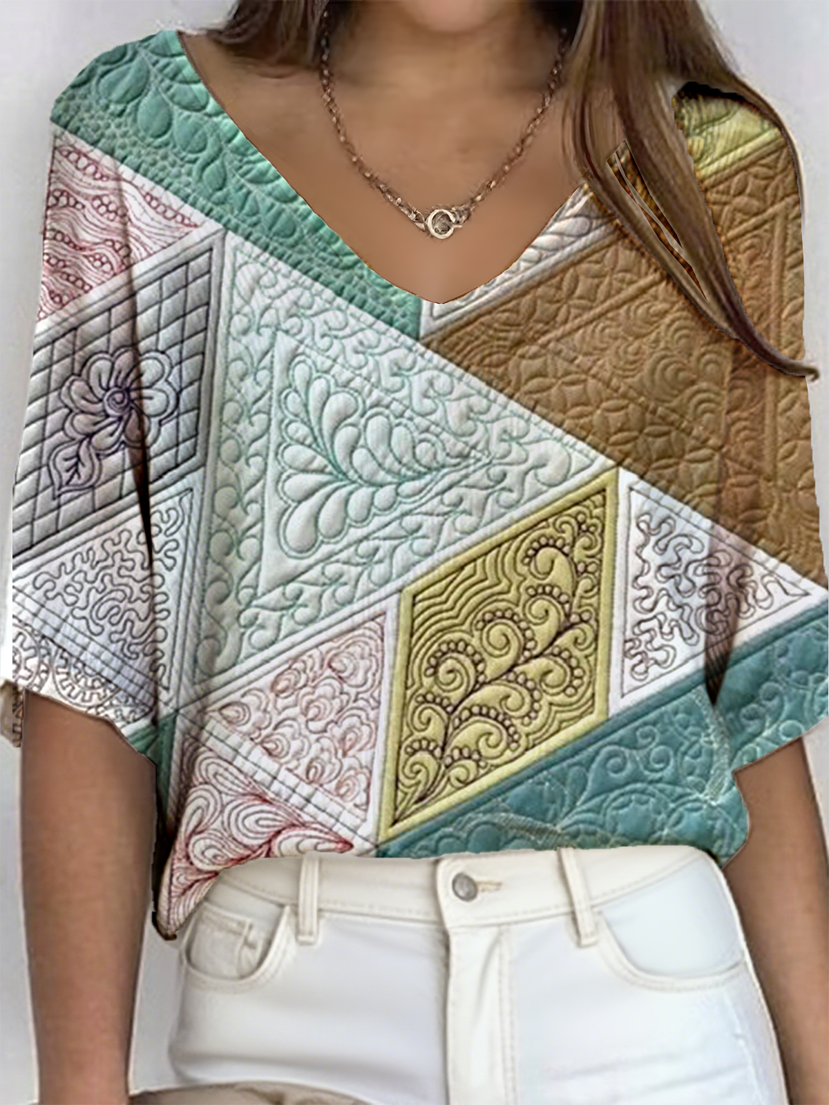 Women's Geometric Pattern V-Neck Three-Quarter Sleeve T-Shirt Loose And Comfortable Ribbed Top