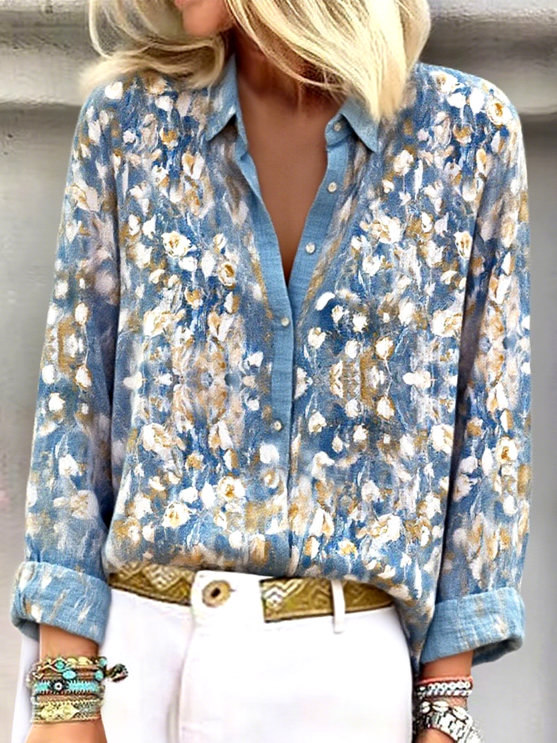 Women's Artistic Pattern Long Sleeve Shirt Loose and Comfortable Regular Top