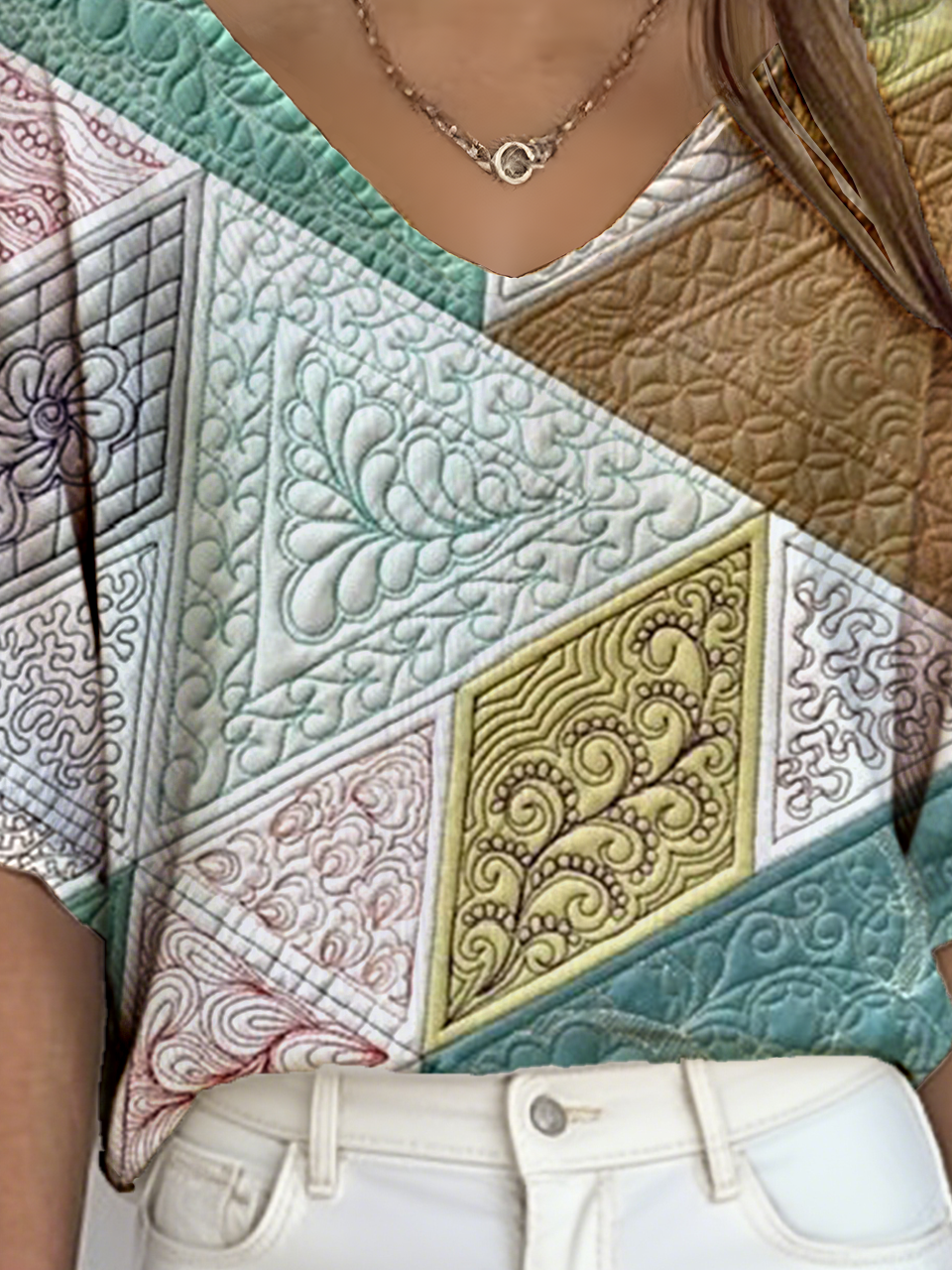 Women's Geometric Pattern V-Neck Three-Quarter Sleeve T-Shirt Loose And Comfortable Ribbed Top
