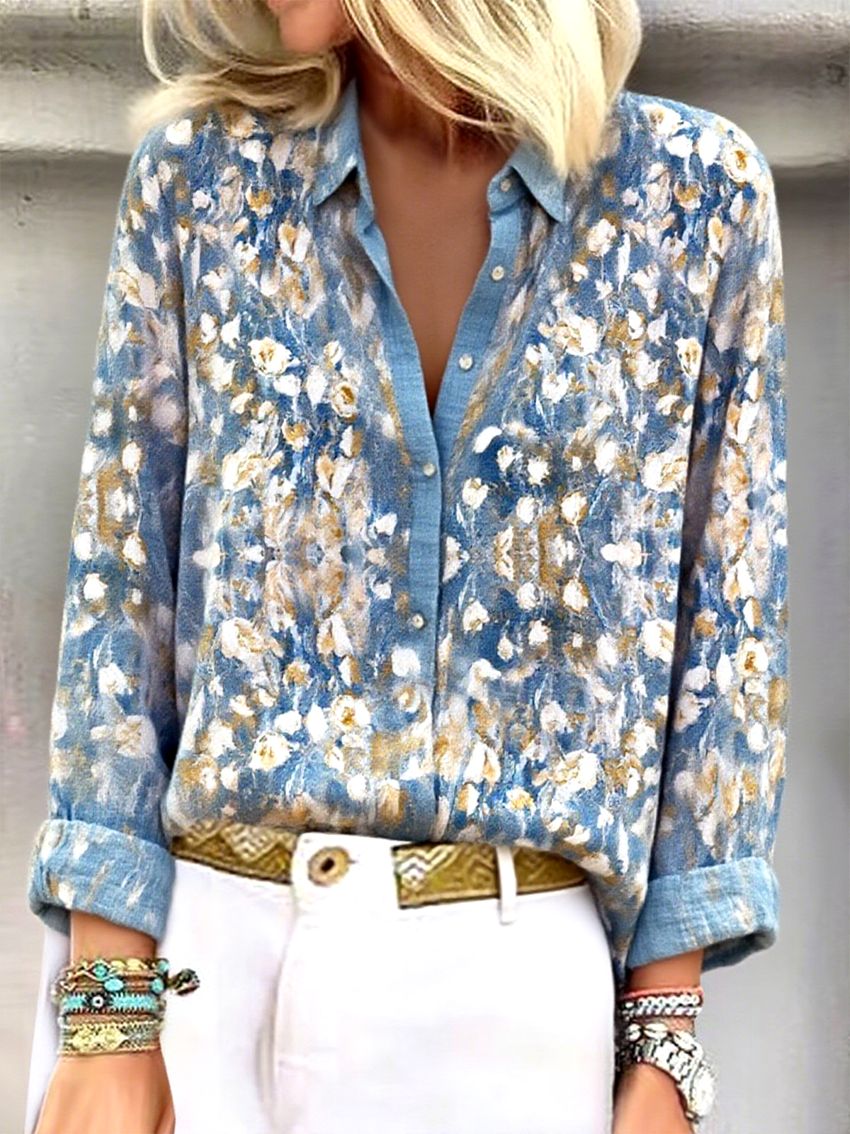 Women's Artistic Pattern Long Sleeve Shirt Loose and Comfortable Regular Top