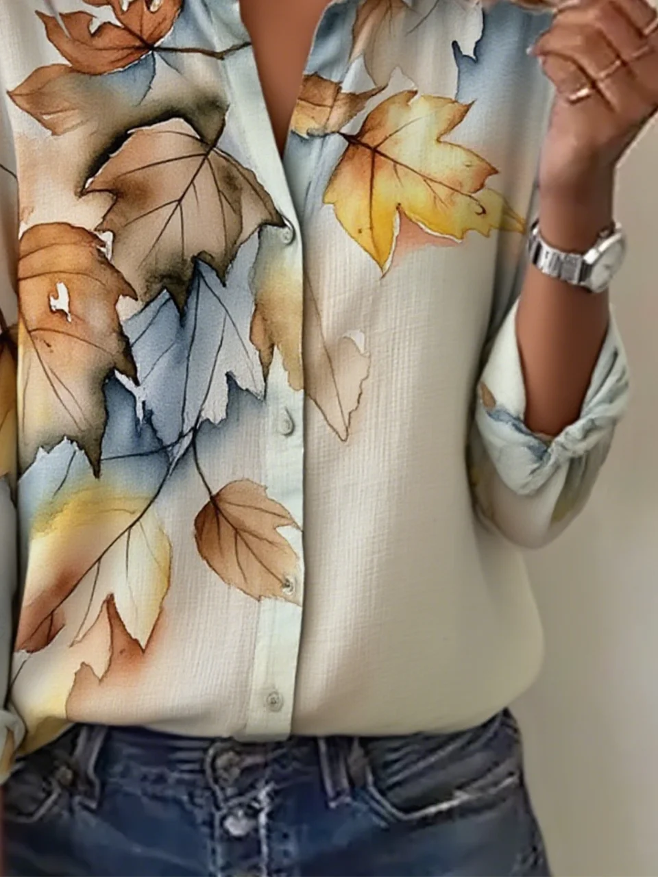 Women's Autumn Maple Leaf Pattern Long Sleeve Shirt Loose and Comfortable Regular Top