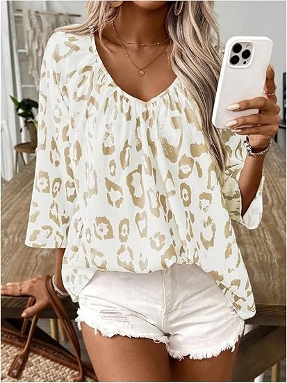 Women's Elegant Commuter Top Khaki Leopard Print Large V-Neck Pleated Three-Quarter Sleeve Shirt