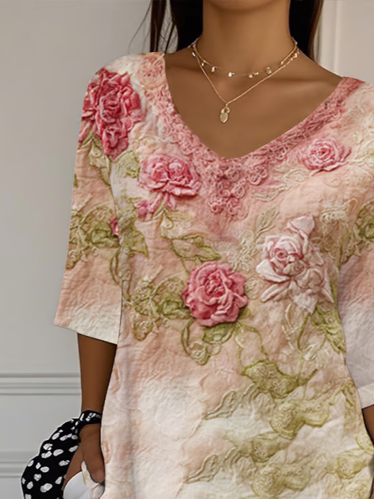Women's Three Quarter Sleeve T-shirt Spring/Fall Pink Floral Printing V Neck Daily Going Out Casual Top