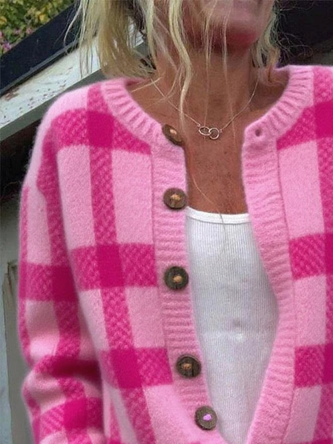 Women's Plaid Print Casual Long Sleeve Button Cardigan Sweater