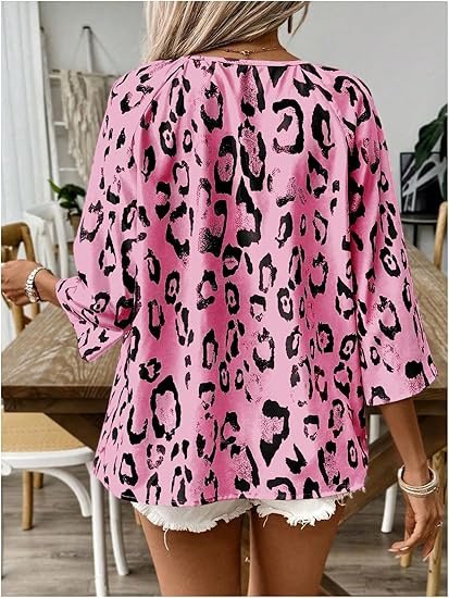 Women's Elegant Commuter Top Khaki Leopard Print Large V-Neck Pleated Three-Quarter Sleeve Shirt