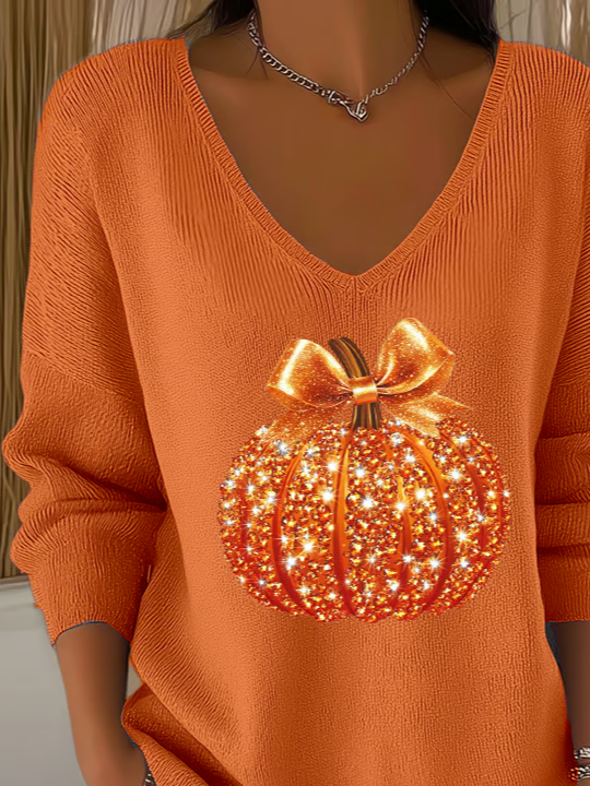 Women's Long Sleeve T-shirt Spring/Fall Orange Halloween (pumpkin) Printing V Neck Daily Going Out Casual Top