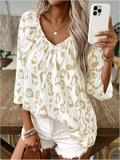 Women's Elegant Commuter Top Khaki Leopard Print Large V-Neck Pleated Three-Quarter Sleeve Shirt