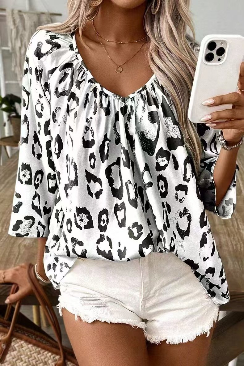 Women's Elegant Commuter Top Khaki Leopard Print Large V-Neck Pleated Three-Quarter Sleeve Shirt