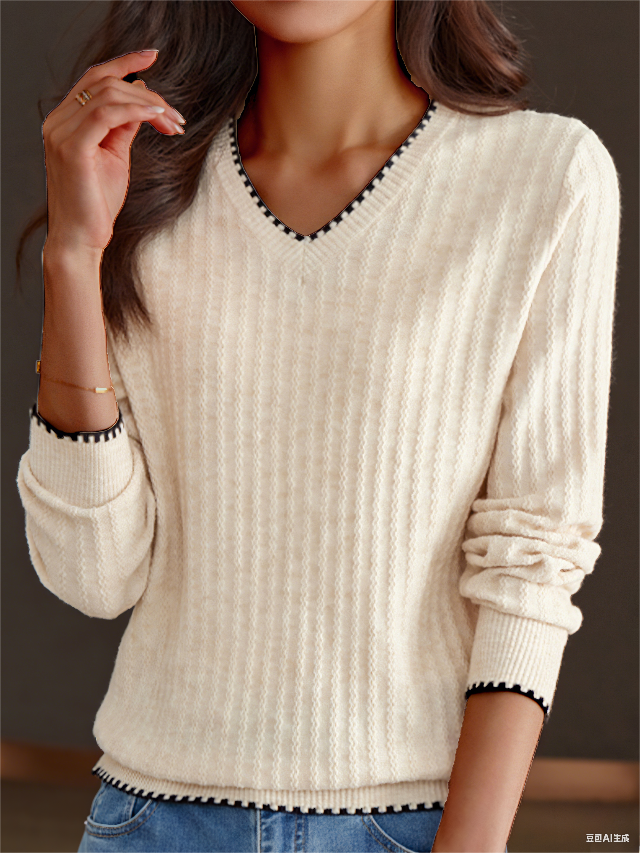 Women's Autumn And Winter V-Neck Sweater Top Versatile Threaded Bottoming Shirt