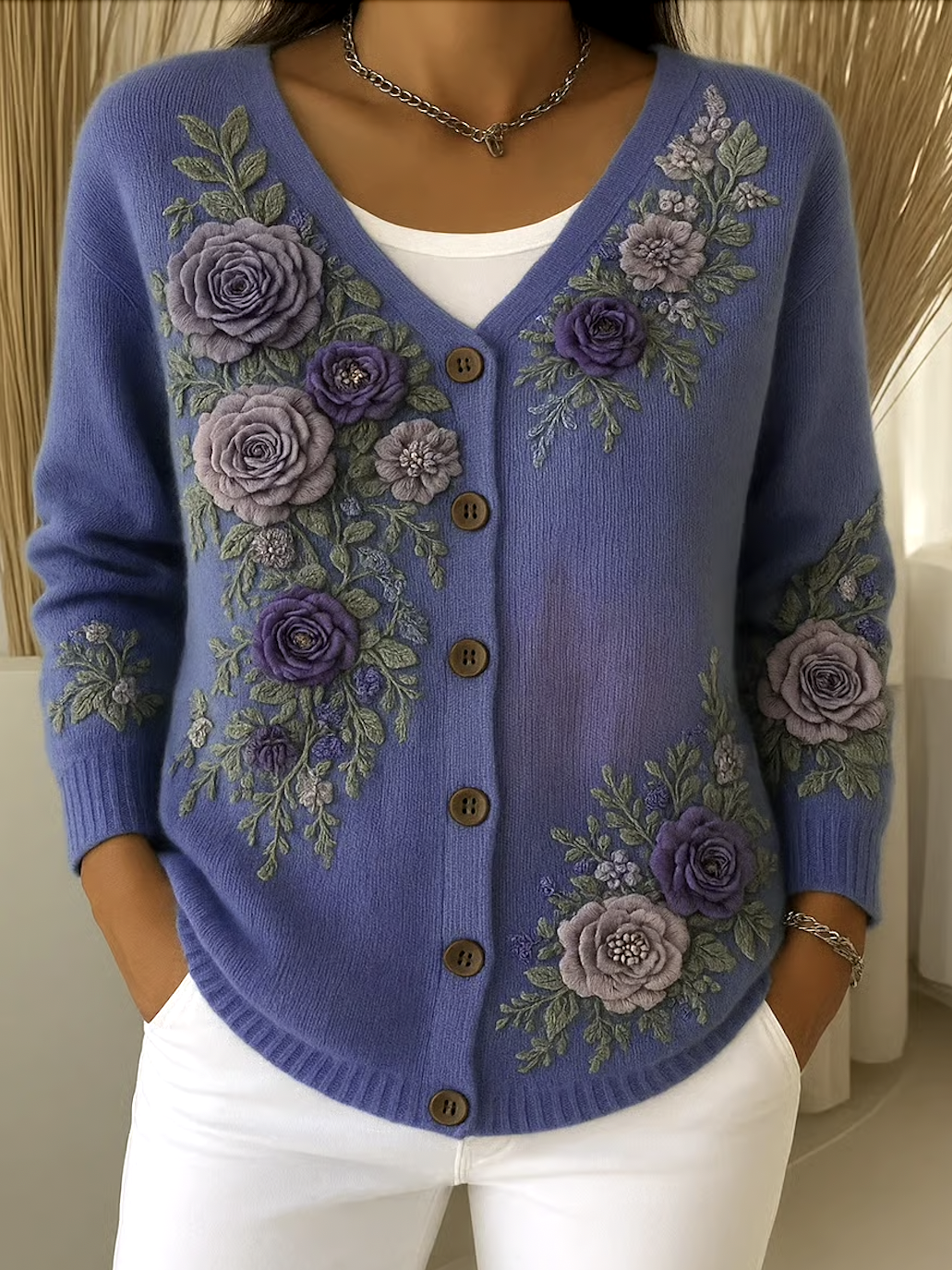 Cotton V Neck Casual Floral Cardigan
