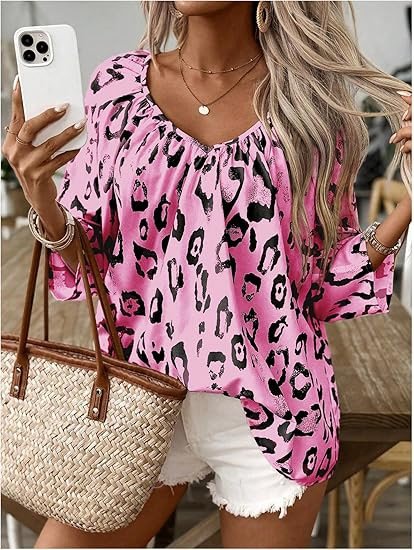 Women's Elegant Commuter Top Khaki Leopard Print Large V-Neck Pleated Three-Quarter Sleeve Shirt