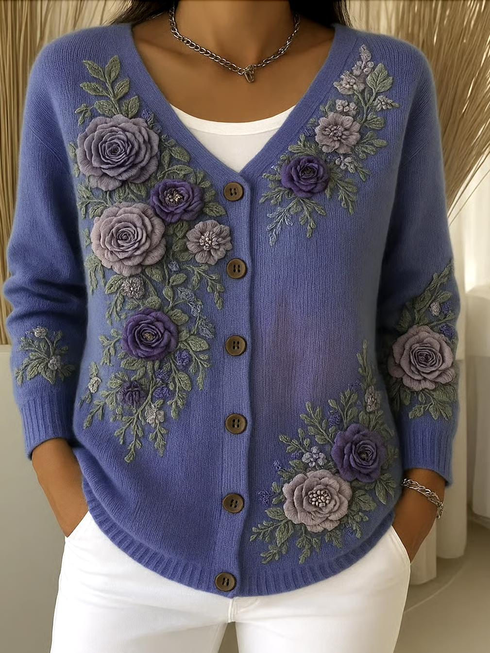 Cotton V Neck Casual Floral Cardigan