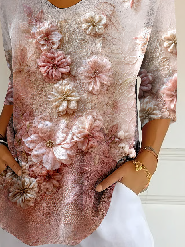Women's Three Quarter Sleeve T-shirt Spring/Fall Pink Floral Printing V Neck Daily Going Out Casual Top