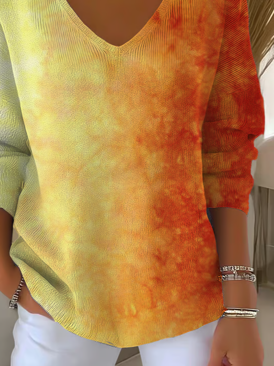 Women's Long Sleeve T-shirt Spring/Fall Orange Ombre Printing V Neck Daily Going Out Casual Top