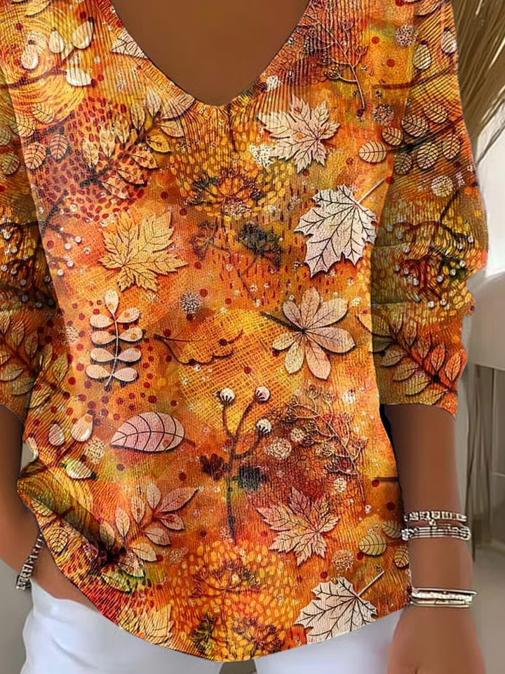 Women's Long Sleeve T-shirt Spring/Fall Orange Maple Leaf Printing V Neck Daily Going Out Casual Top