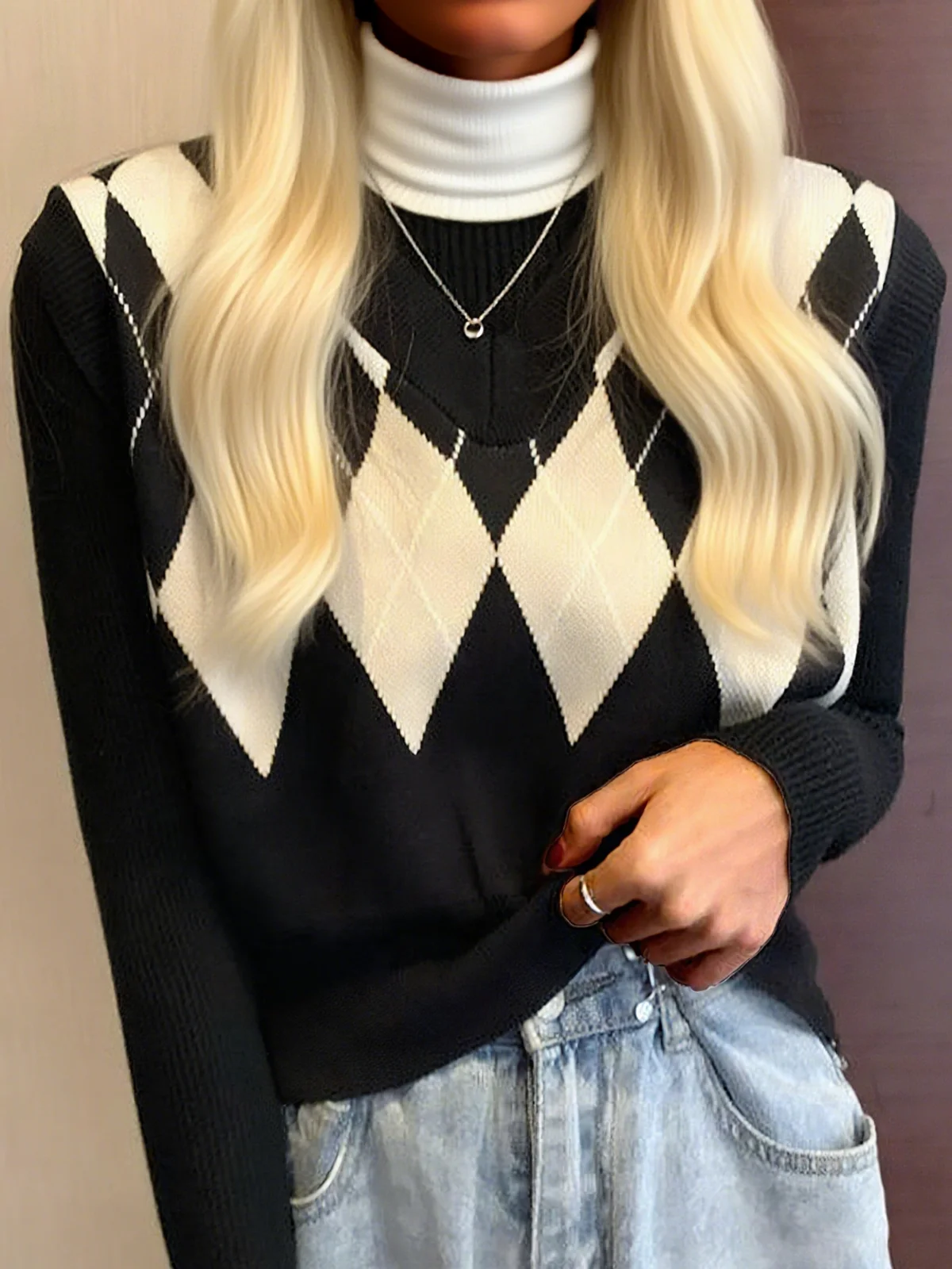 Women's Autumn And Winter V-Neck Diamond Knitted Vest Autumn And Winter Outer Wear Waistcoat