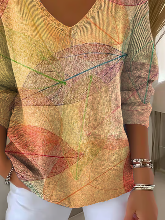 Women's Long Sleeve T-shirt Spring/Fall Orange Maple Leaf Printing V Neck Daily Going Out Casual Top