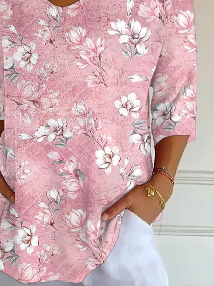 Women's Three Quarter Sleeve T-shirt Spring/Fall Pink Floral Printing V Neck Daily Going Out Casual Top