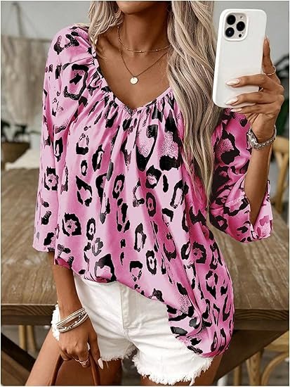 Women's Elegant Commuter Top Khaki Leopard Print Large V-Neck Pleated Three-Quarter Sleeve Shirt