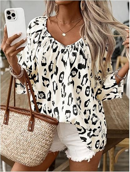 Women's Elegant Commuter Top Khaki Leopard Print Large V-Neck Pleated Three-Quarter Sleeve Shirt