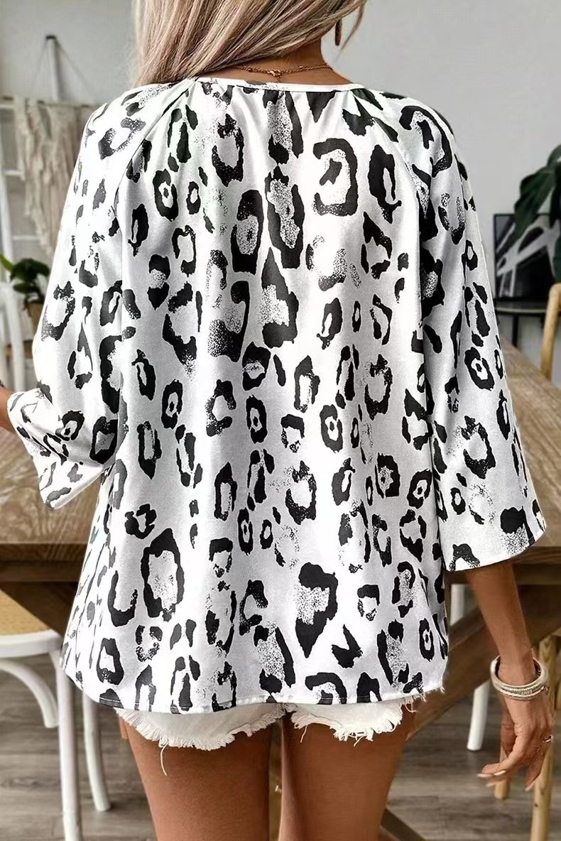 Women's Elegant Commuter Top Khaki Leopard Print Large V-Neck Pleated Three-Quarter Sleeve Shirt
