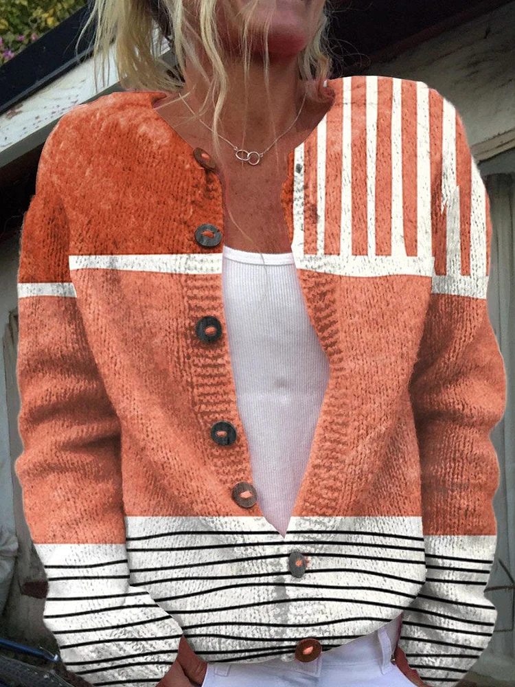 Women's Abstract Print Casual Long Sleeve Button Cardigan Sweater
