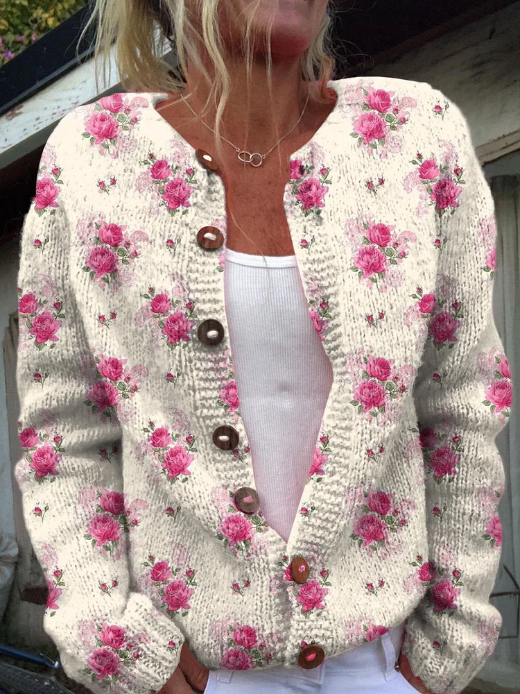Women's Floral Print Casual Long Sleeve Button Cardigan Sweater
