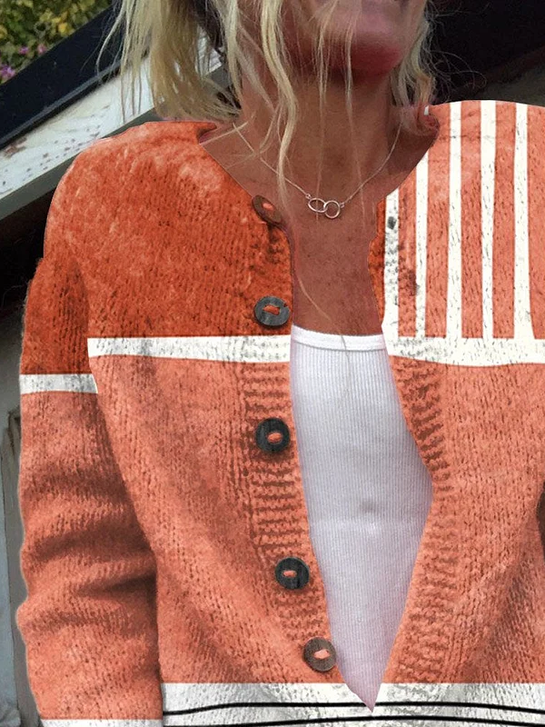 Women's Abstract Print Casual Long Sleeve Button Cardigan Sweater