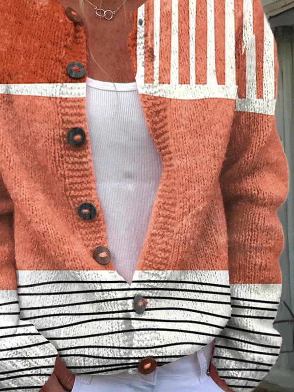 Women's Abstract Print Casual Long Sleeve Button Cardigan Sweater