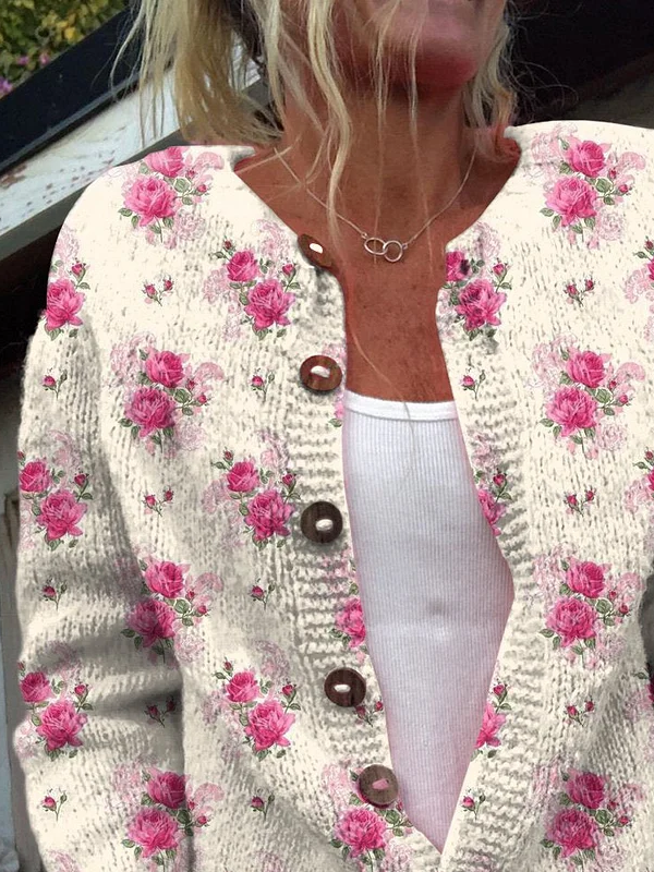 Women's Floral Print Casual Long Sleeve Button Cardigan Sweater