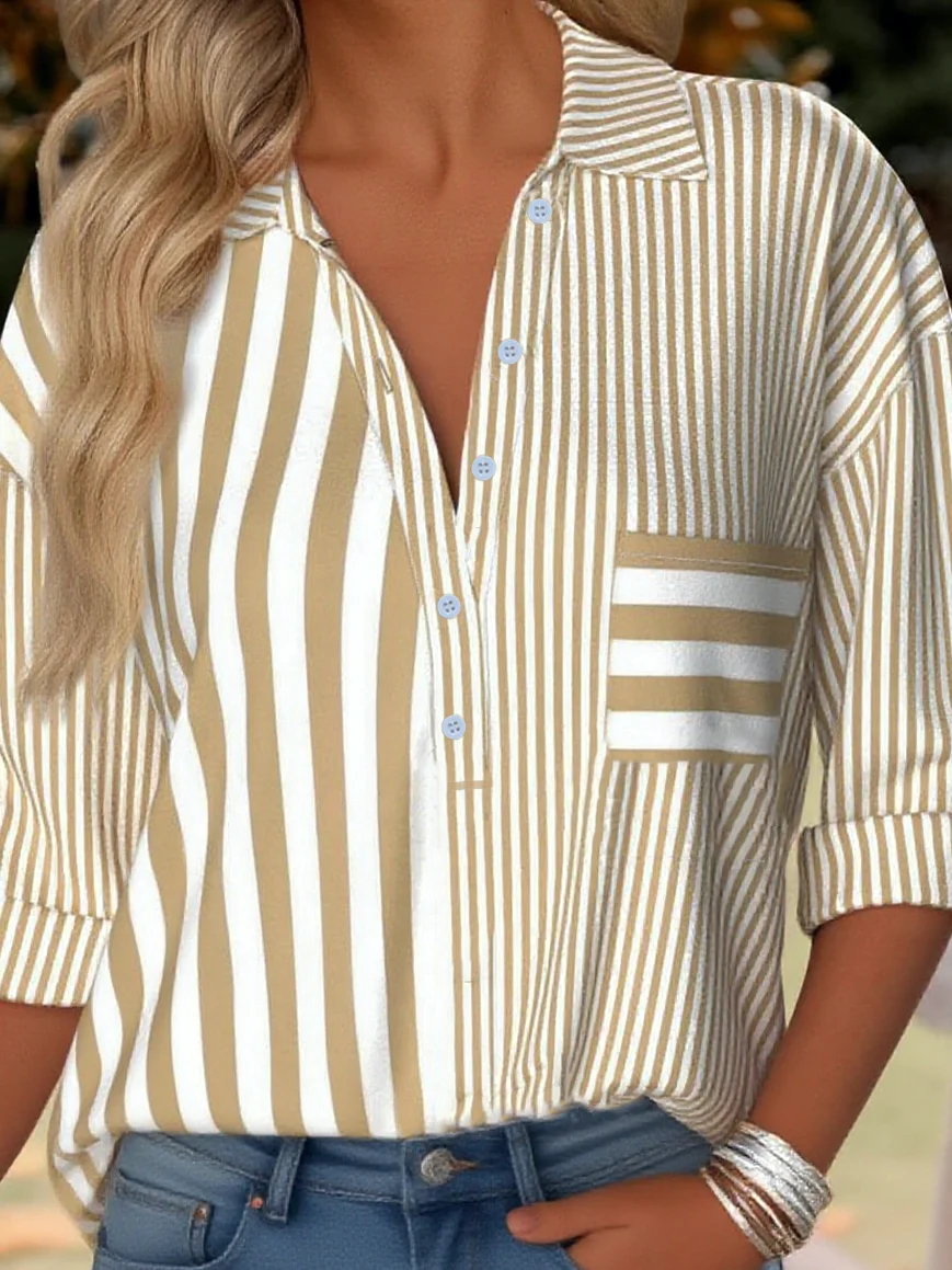 Women's Striped Pattern Patch Pocket Long Sleeve Shirt Regular Top