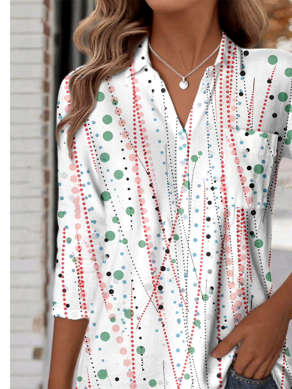 Women's Striped Polka Dot Pattern Patch Pocket Long Sleeve Shirt Regular Top