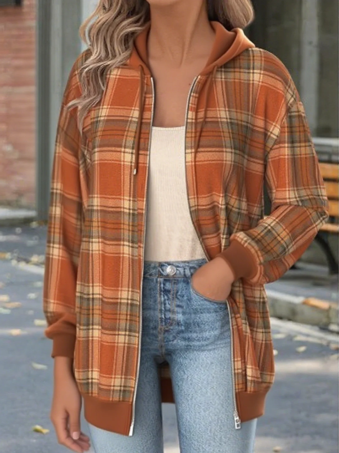 Women's Autumn Plaid Hooded Sweatshirt Jacket Regular Autumn and Winter Top