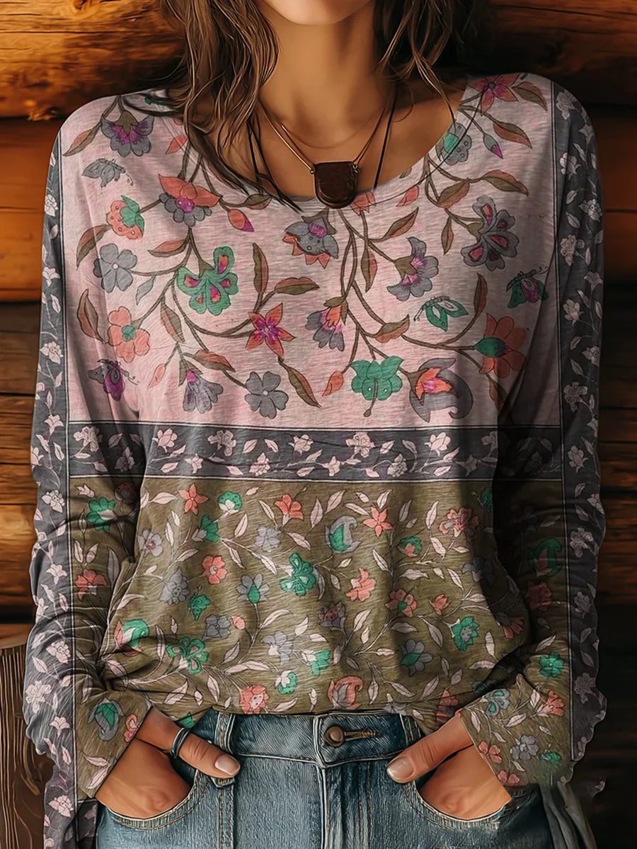 Women's Long Sleeve T-shirt Spring/Fall Green Floral Printing Jersey Crew Neck Daily Going Out Casual Top
