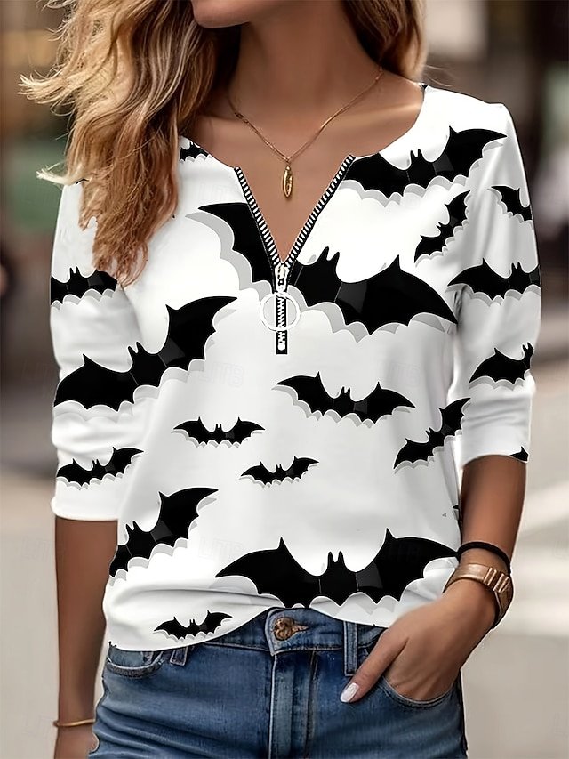 Women's Halloween Bat Pattern Half-Zip Long Sleeve T-Shirt Regular Top