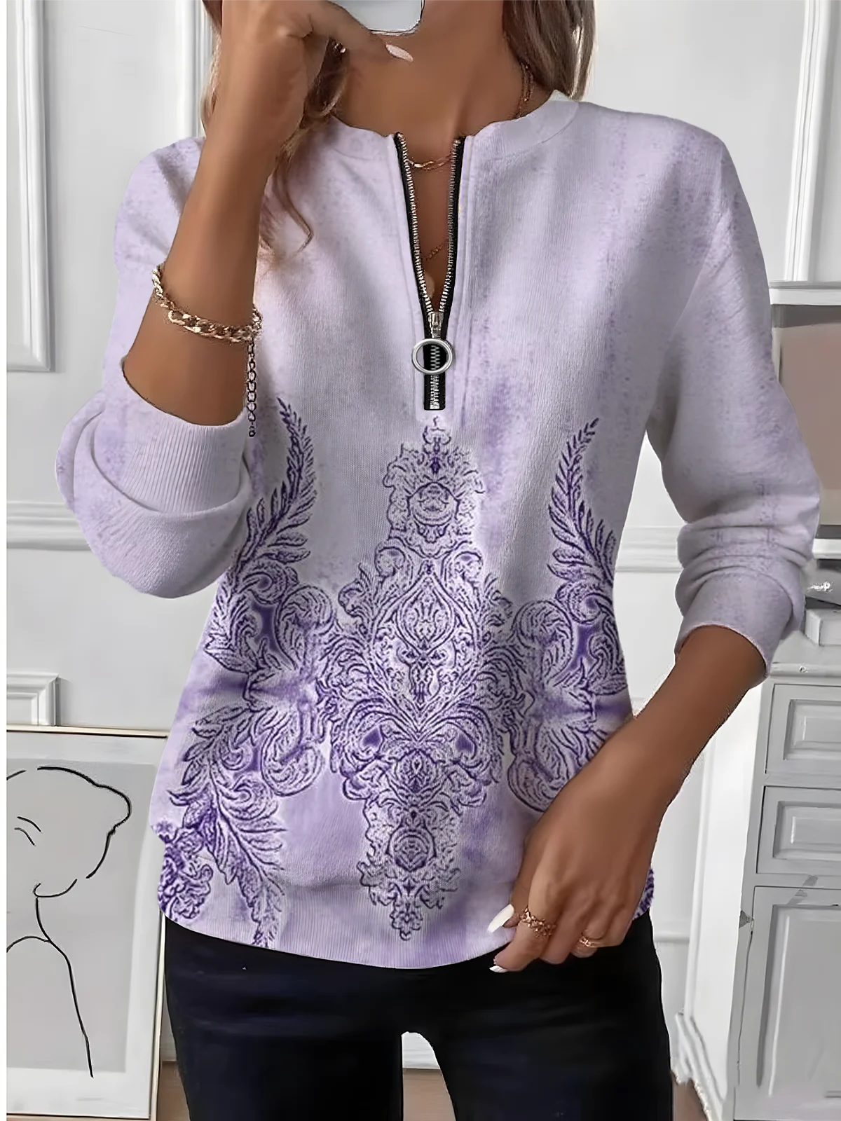 Women's Retro Art Print Long Sleeve Center Front Zip Sweatshirt