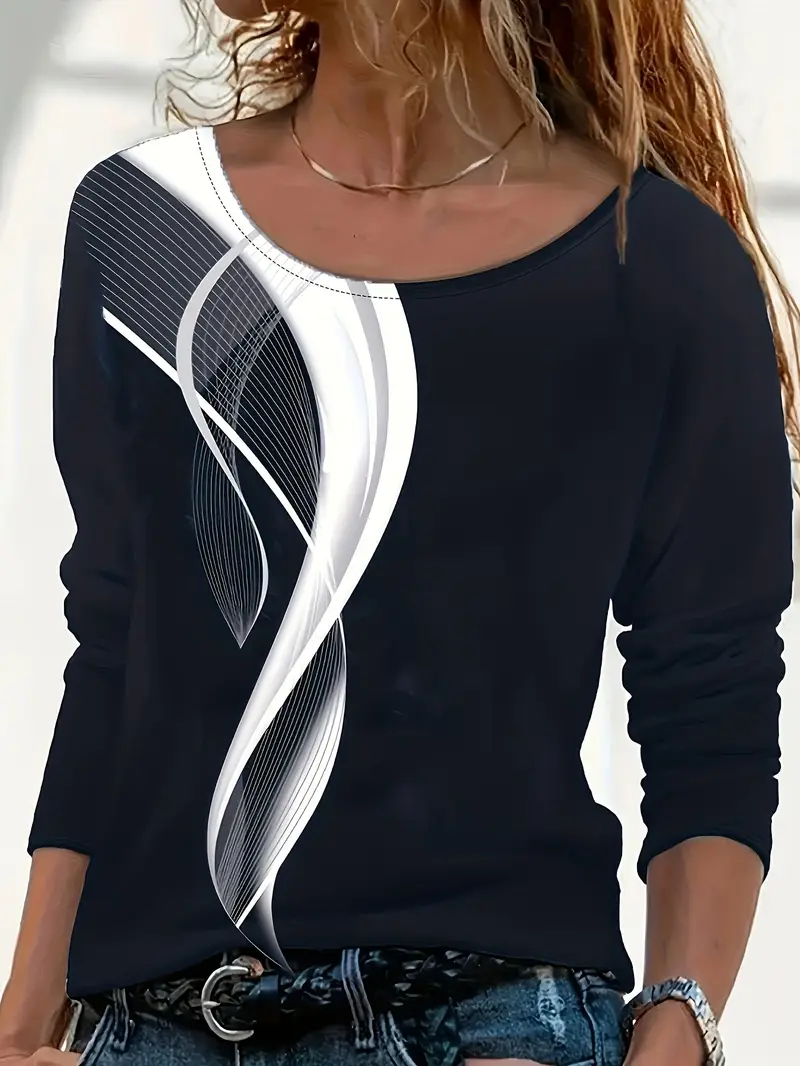 Women's Long Sleeve T-shirt Spring/Fall Black Abstract Printing Jersey Crew Neck Daily Going Out Casual Top