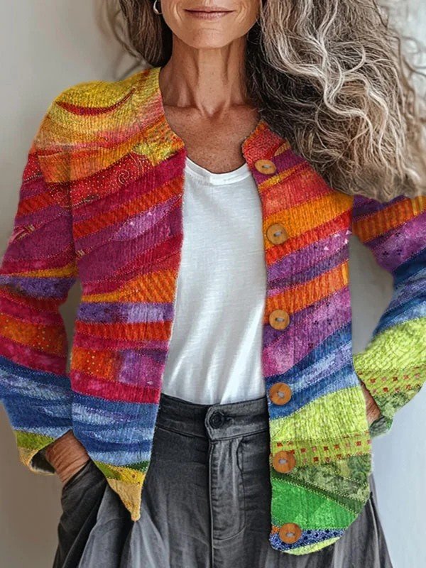 Women's Retro Ethnic Contrast Color Pattern Casual Loose Long Sleeve Cardigan Regular Top